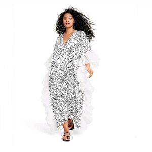 Fe Noel Kaftan Black and White Leaf Print Swim Cover-Up